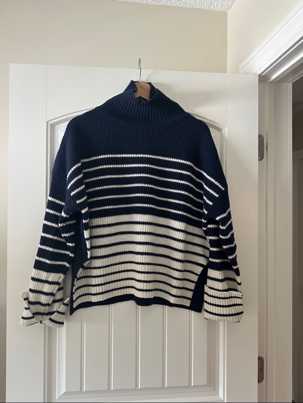 Striped Turtleneck Sweater - Navy and White